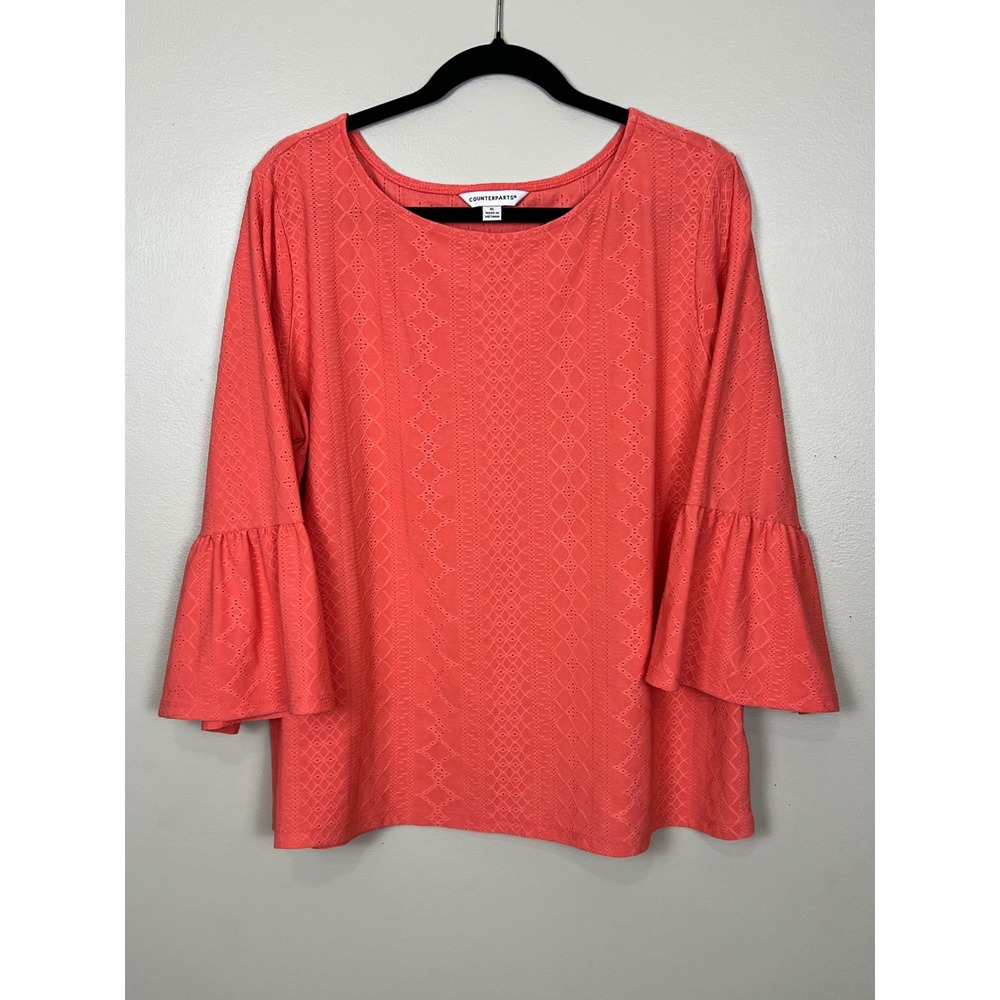 Counterparts Womens XL Coral‎ Pink Eyelet Knit Bell Sleeve Top 931841HA
